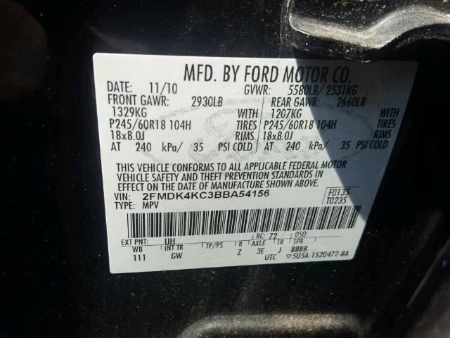 2FMDK4KC3BBA54156 - 2011 FORD EDGE LIMIT BLACK photo 10