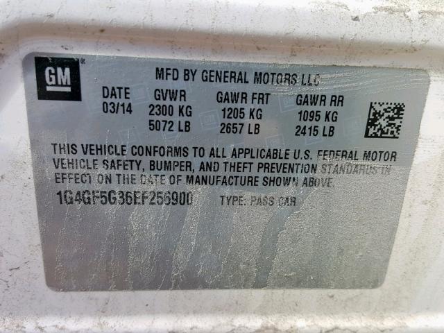 1G4GF5G36EF256900 - 2014 BUICK LACROSSE T WHITE photo 10