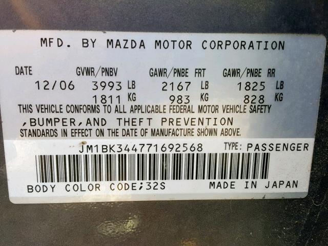 JM1BK344771692568 - 2007 MAZDA 3 HATCHBAC GRAY photo 10