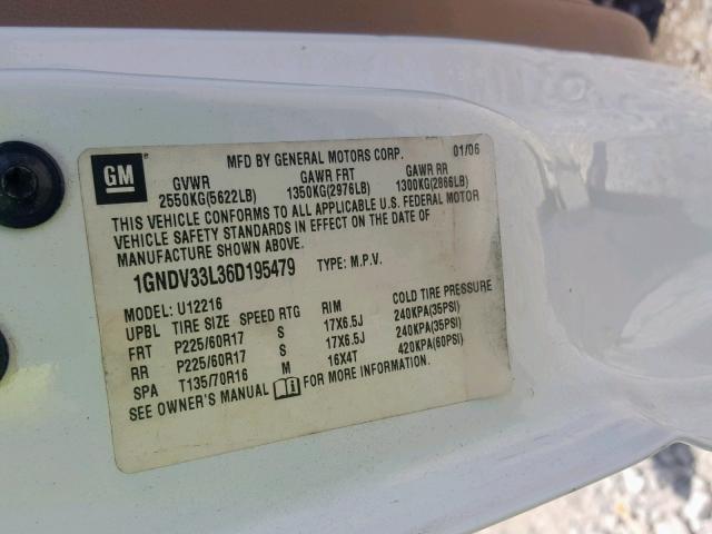1GNDV33L36D195479 - 2006 CHEVROLET UPLANDER L 白色 照片 10