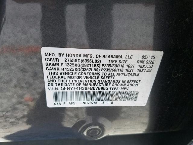 5FNYF4H30FB076965 - 2015 HONDA PILOT SE GRAY photo 10