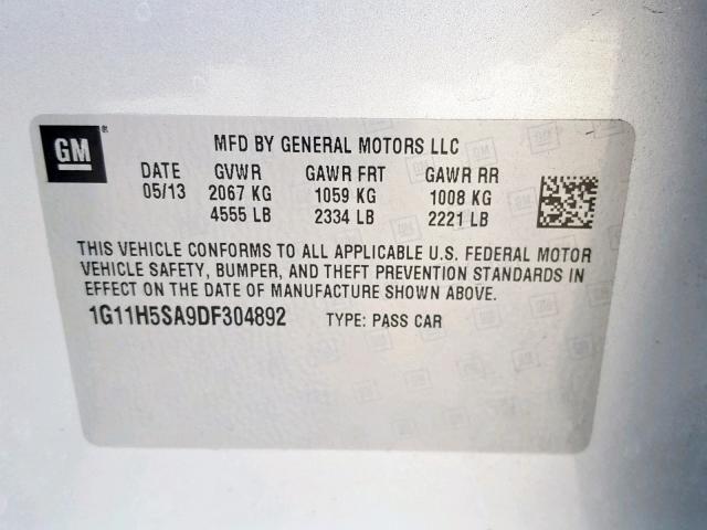 1G11H5SA9DF304892 - 2013 CHEVROLET MALIBU LTZ ვერცხლისფერი ფოტო 10