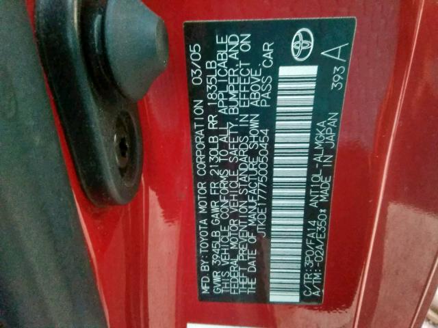 JTKDE177750050454 - 2005 TOYOTA SCION TC წითელი ფოტო 10