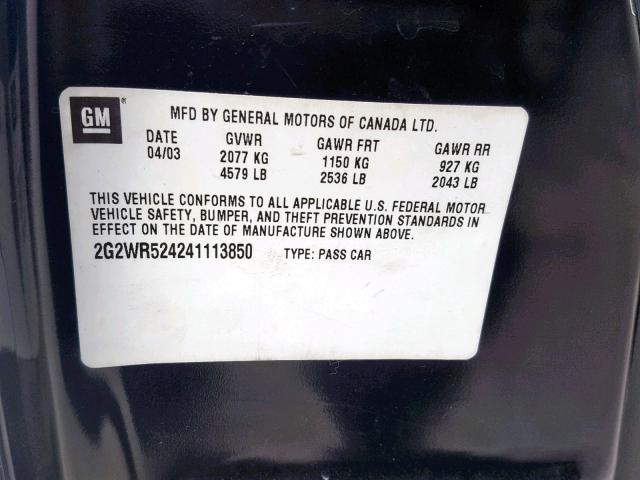 2G2WR524241113850 - 2004 PONTIAC GRAND PRIX BLACK photo 10