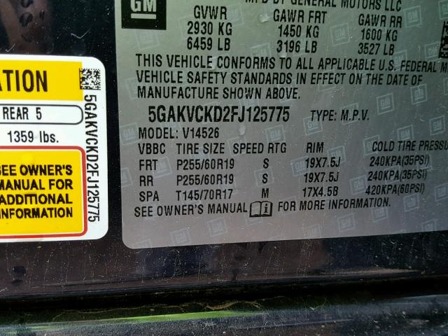 5GAKVCKD2FJ125775 - 2015 BUICK ENCLAVE BLUE photo 10