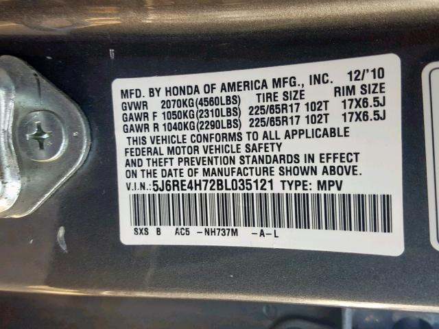 5J6RE4H72BL035121 - 2011 HONDA CR-V EXL GRAY photo 10