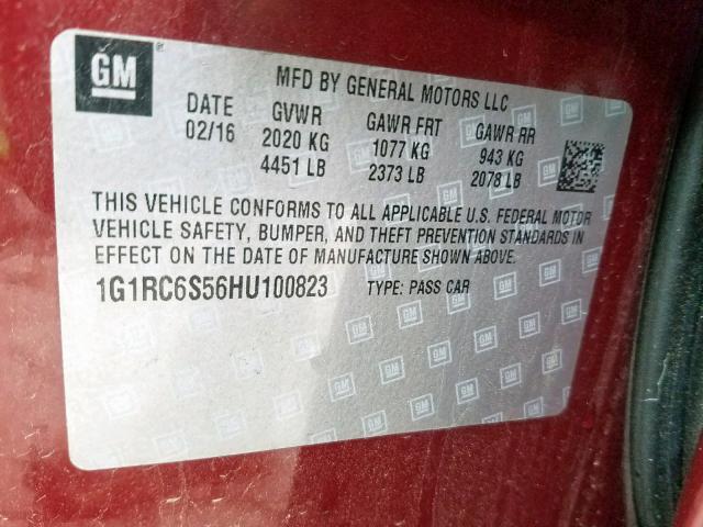 1G1RC6S56HU100823 - 2017 CHEVROLET VOLT LT RED photo 10