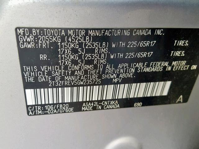 2T3ZFREV5GW235725 - 2016 TOYOTA RAV4 LE Gümüş foto 10