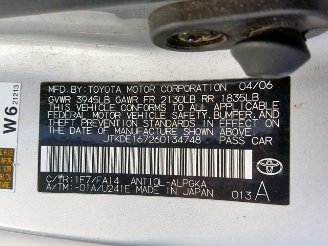 JTKDE167260134748 - 2006 TOYOTA SCION TC ვერცხლისფერი ფოტო 10