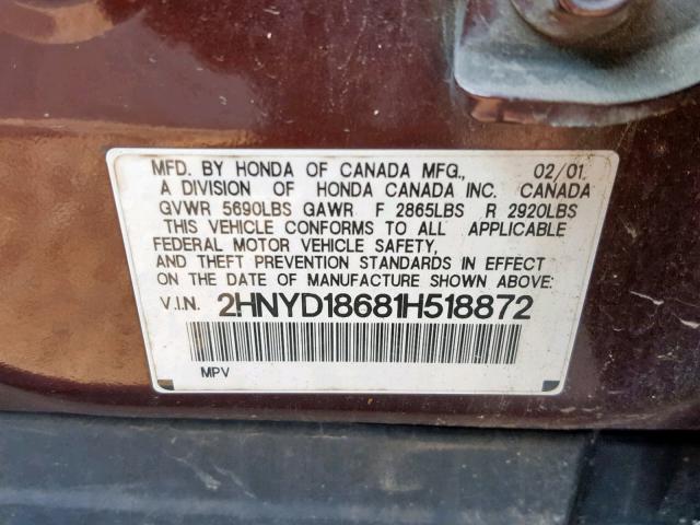 2HNYD18681H518872 - 2001 ACURA MDX TOURIN BURGUNDY photo 10