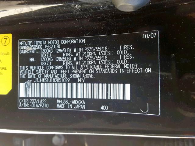 JTJHW31U182851029 - 2008 LEXUS RX 400H BLACK photo 10