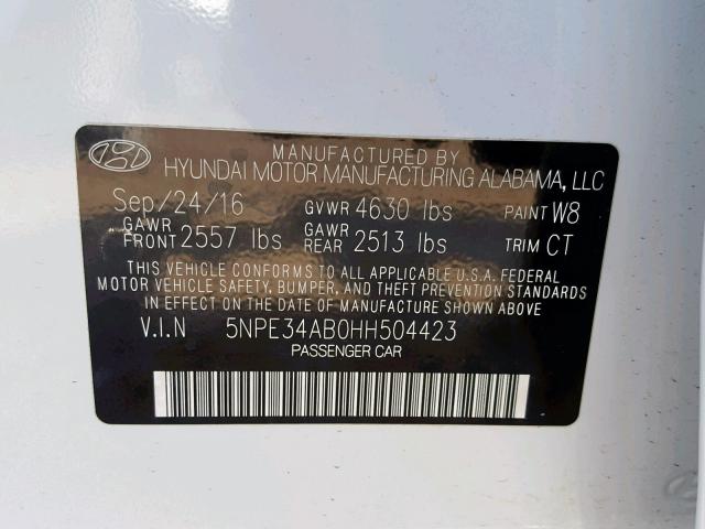 5NPE34AB0HH504423 - 2017 HYUNDAI SONATA SPO WHITE photo 10