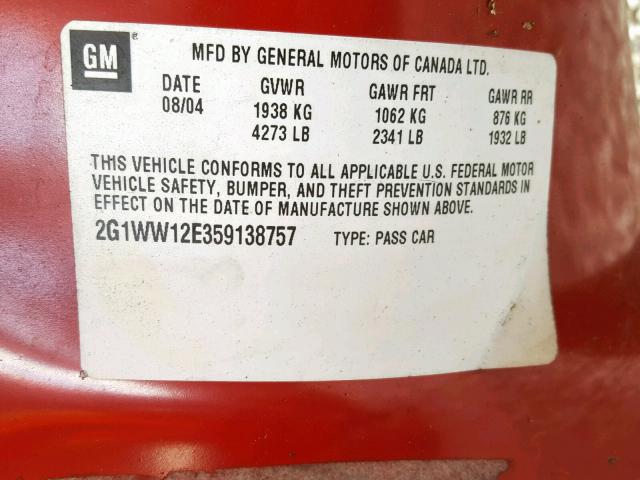 2G1WW12E359138757 - 2005 CHEVROLET MONTE CARL RED photo 10