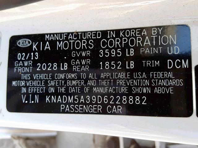 KNADM5A39D6228882 - 2013 KIA RIO LX WHITE photo 10