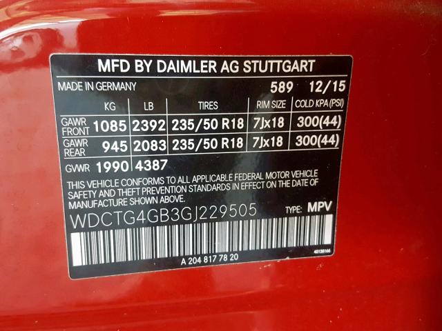 WDCTG4GB3GJ229505 - 2016 MERCEDES-BENZ GLA 250 4M RED photo 10