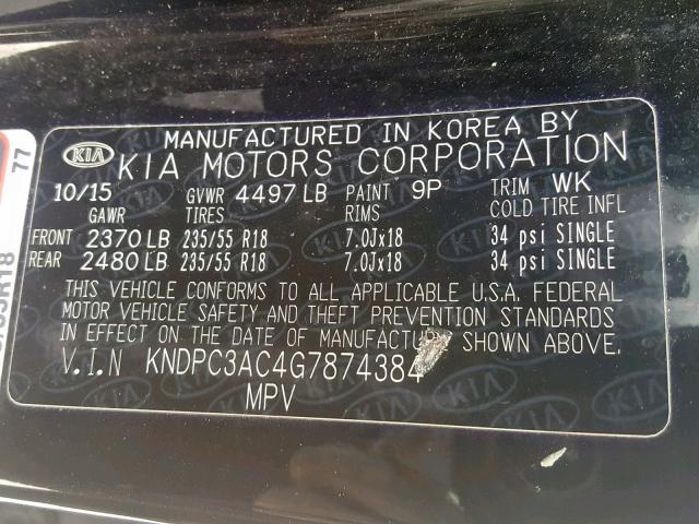 KNDPC3AC4G7874384 - 2016 KIA SPORTAGE E BLACK photo 10