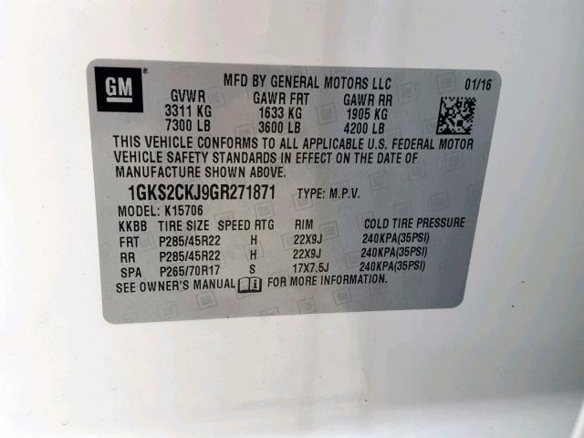 1GKS2CKJ9GR271871 - 2016 GMC YUKON DENA WHITE photo 10