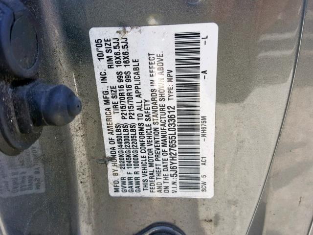 5J6YH27655L033612 - 2005 HONDA ELEMENT EX GRAY photo 10