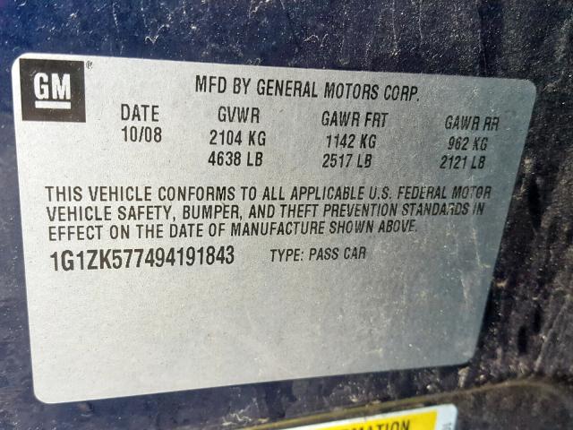 1G1ZK577494191843 - 2009 CHEVROLET MALIBU LTZ შავი ფოტო 10