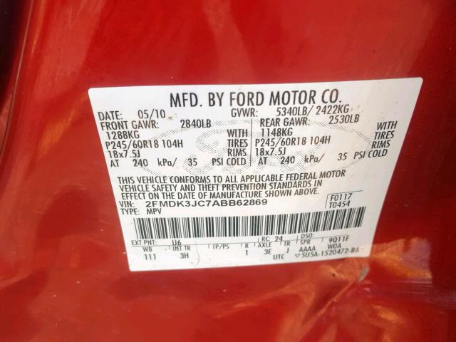 2FMDK3JC7ABB62869 - 2010 FORD EDGE SEL RED photo 10