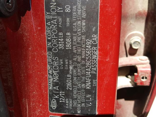 KNAFU4A28C5561492 - 2012 KIA FORTE EX RED photo 10