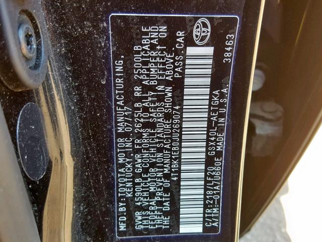 4T1BK1EB0JU269074 - 2018 TOYOTA AVALON XLE BLACK photo 10