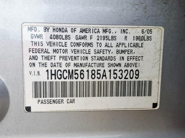 1HGCM56185A153209 - 2005 HONDA ACCORD DX SILVER photo 10