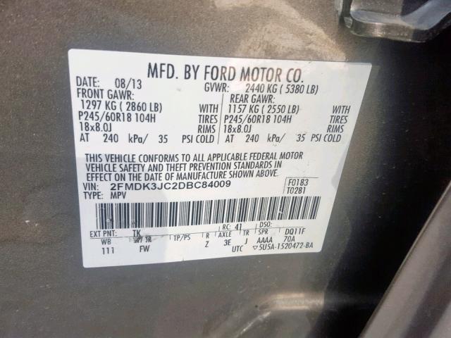 2FMDK3JC2DBC84009 - 2013 FORD EDGE SEL CHARCOAL photo 10