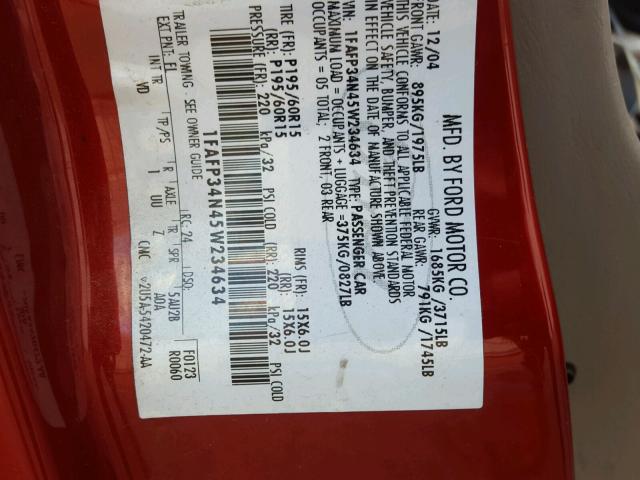 1FAFP34N45W234634 - 2005 FORD FOCUS ZX4 RED photo 10