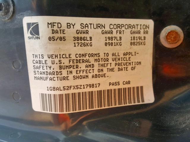 1G8AL52FX5Z179817 - 2005 SATURN ION LEVEL BLACK photo 10