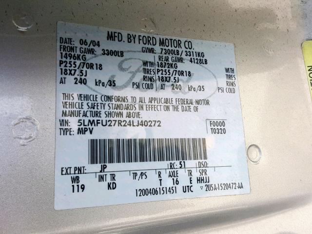 5LMFU27R24LJ40272 - 2004 LINCOLN NAVIGATOR SILVER photo 10