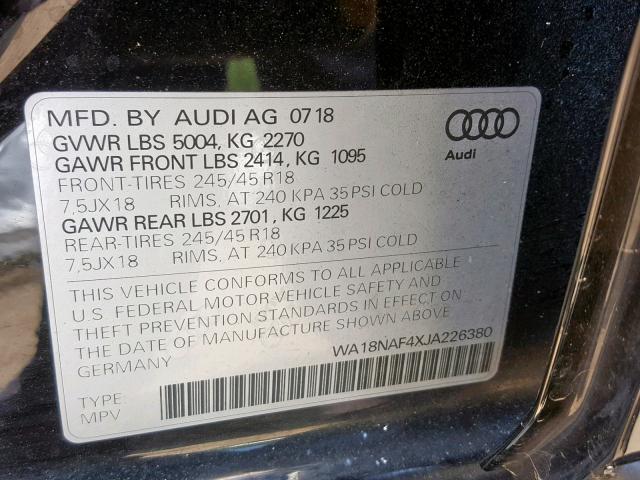 WA18NAF4XJA226380 - 2018 AUDI A4 ALLROAD BLACK photo 10