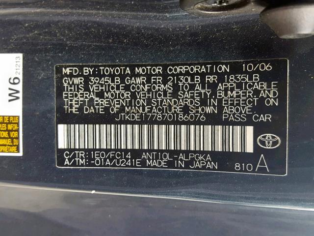 JTKDE177870186076 - 2007 TOYOTA SCION TC CHARCOAL photo 10