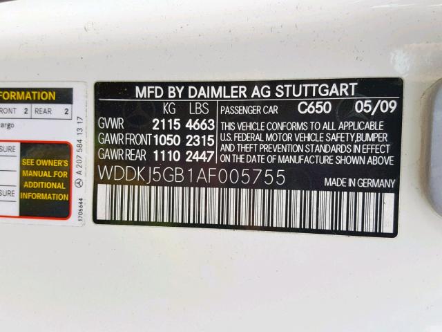 WDDKJ5GB1AF005755 - 2010 MERCEDES-BENZ E 350 WHITE photo 10