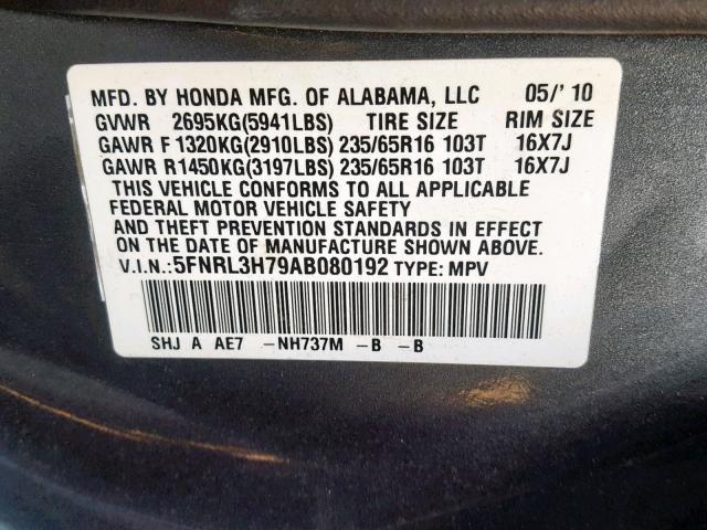 5FNRL3H79AB080192 - 2010 HONDA ODYSSEY EX GRAY photo 10