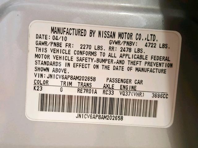 JN1CV6AP8AM202658 - 2010 INFINITI G37 BASE SILVER photo 10