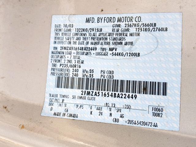 2FMZA51654BA22449 - 2004 FORD FREESTAR S SILVER photo 10