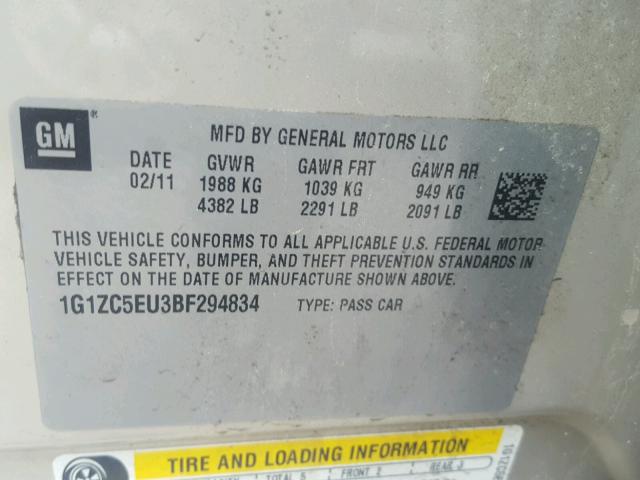 1G1ZC5EU3BF294834 - 2011 CHEVROLET MALIBU 1LT BEIGE photo 10