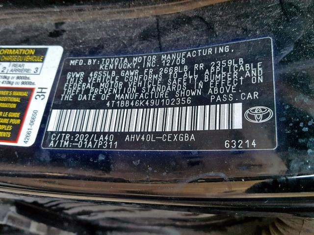 4T1BB46K49U102356 - 2009 TOYOTA CAMRY HYBR BLACK photo 10