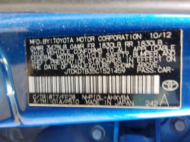 JTDKDTB35C1521459 - 2012 TOYOTA PRIUS C BLUE photo 10