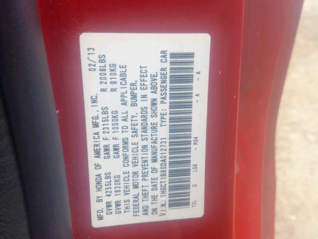 1HGCT1B80DA012731 - 2013 HONDA ACCORD EXL RED photo 10