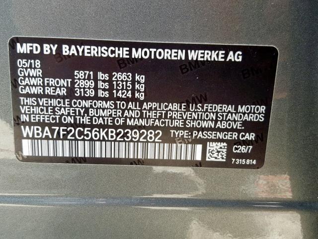 WBA7F2C56KB239282 - 2019 BMW 750I GRAY photo 10