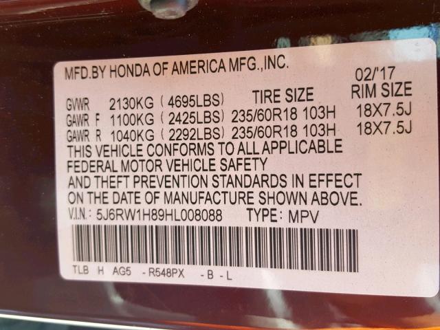 5J6RW1H89HL008088 - 2017 HONDA CR-V EXL PURPLE photo 10