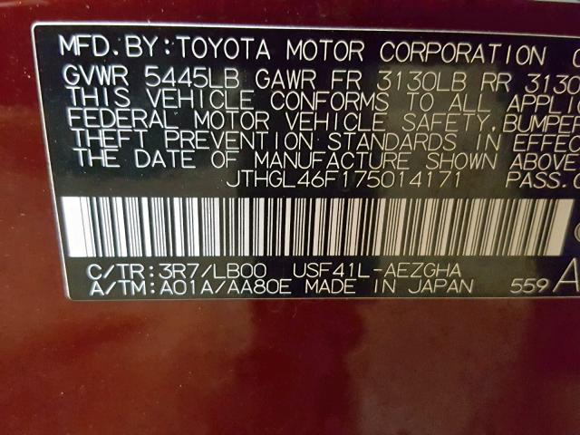 JTHGL46F175014171 - 2007 LEXUS LS 460L RED photo 10