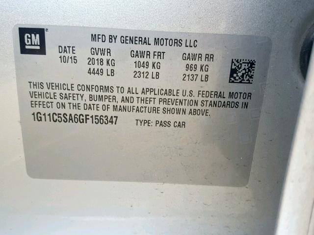 1G11C5SA6GF156347 - 2016 CHEVROLET MALIBU LIM SILVER photo 10