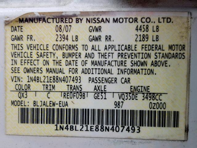 1N4BL21E88N407493 - 2008 NISSAN ALTIMA 3.5 WHITE photo 10