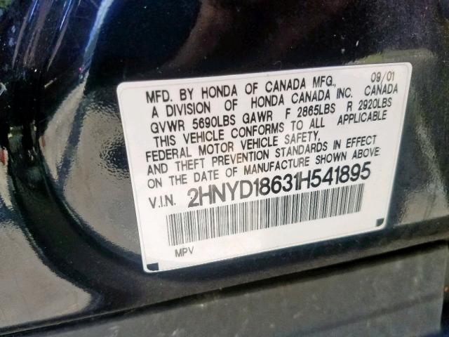 2HNYD18631H541895 - 2001 ACURA MDX TOURIN BLACK photo 10