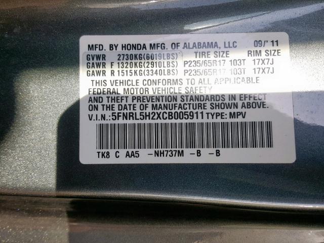 5FNRL5H2XCB005911 - 2012 HONDA ODYSSEY LX GRAY photo 10