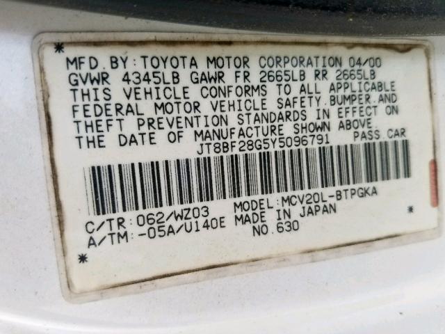 JT8BF28G5Y5096791 - 2000 LEXUS ES 300 WHITE photo 10