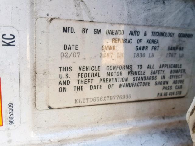 KL1TD666X7B776996 - 2007 CHEVROLET AVEO BASE თეთრი ფოტო 10